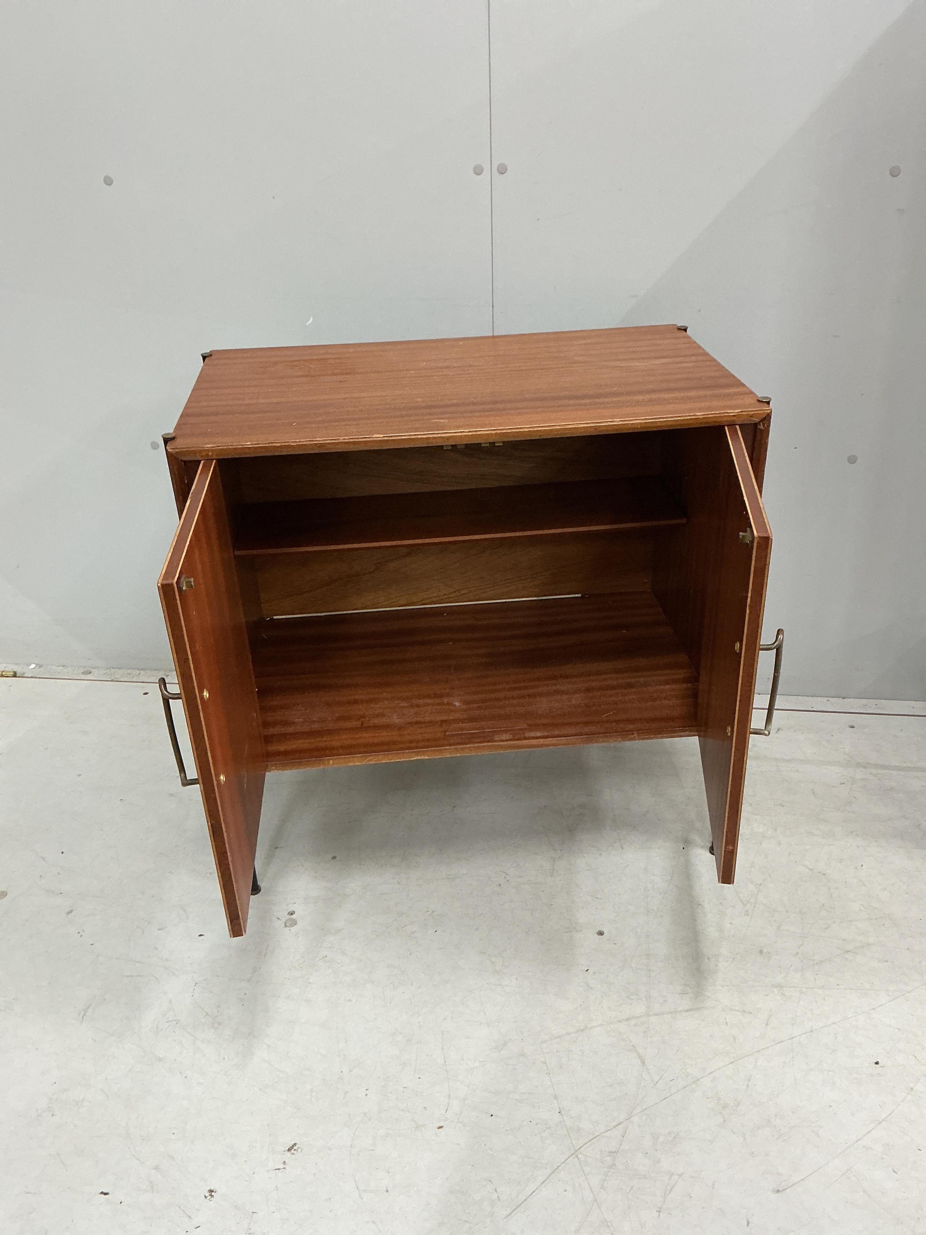 A mid century bookcase, width 70cm, depth 30cm, height 138cm together with a small cupboard